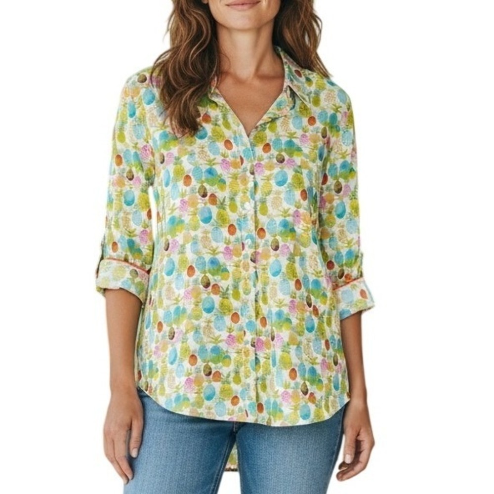 Crown & Ivy Pineapple Button Down Shirt Womens Large Multicolor Tropical Cotton